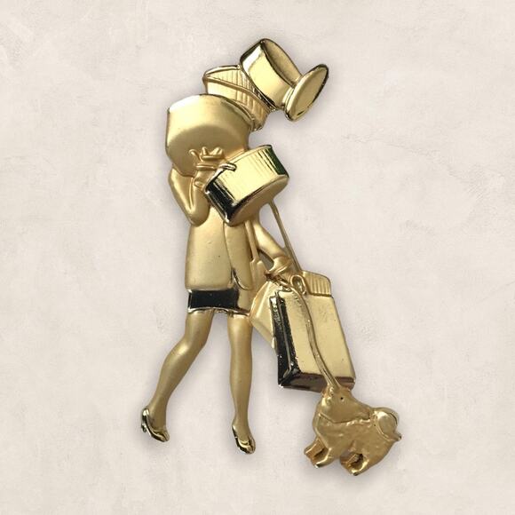 Vintage AJC Fashion Pin Shopping Lady with Dog Brooch - Picture 1 of 5